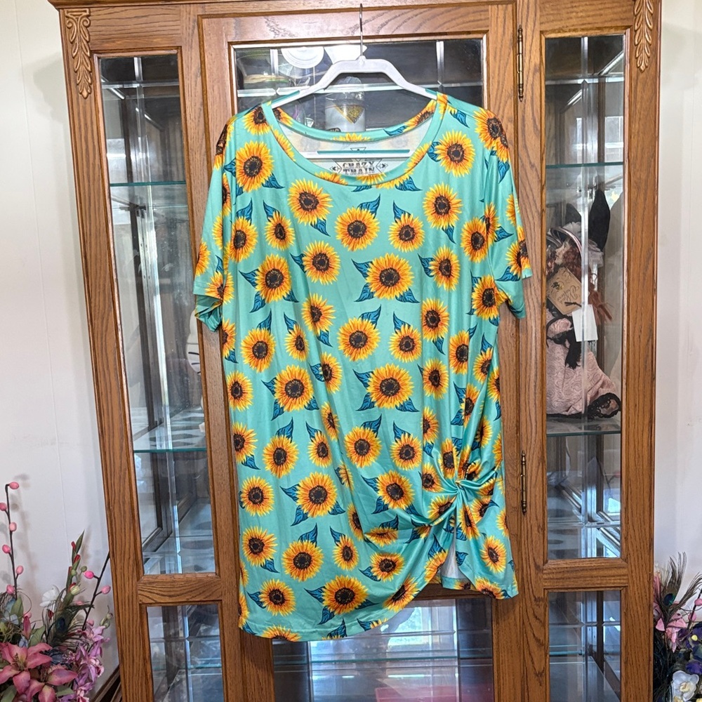 2XL Crazy Train Sunflower Print Tunic - Turquoise and Yellow
